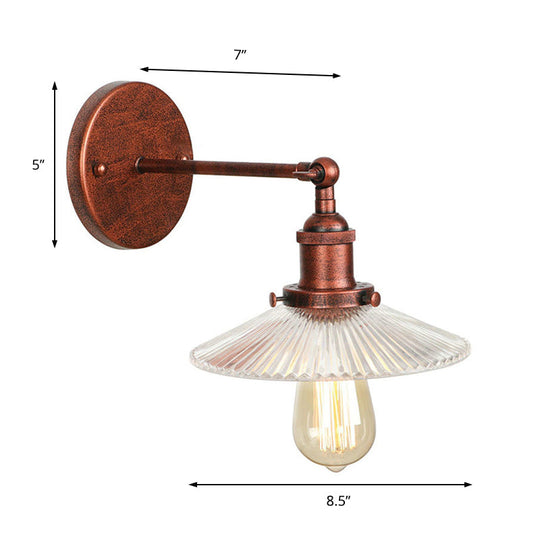 Rustic Copper 1-Light Scalloped Sconce With Ribbed Glass - Wall Lamp For Dining Table