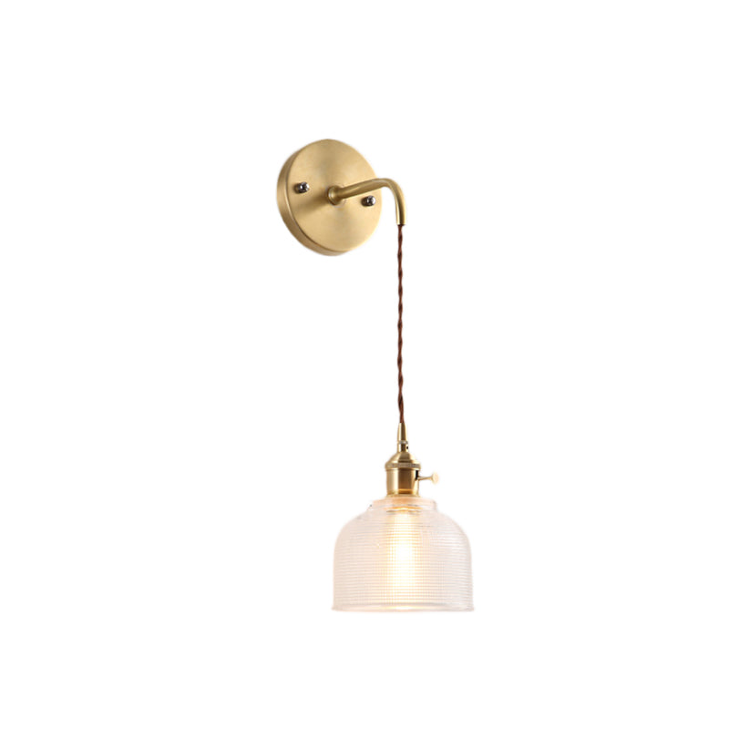 Industrial Brass Sconce With Clear Textured Glass Dome - One Light Lighting Fixture