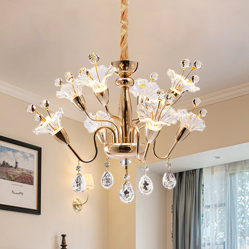 Modern Clear Crystal Blossom Ceiling Light - 8-Head Gold Chandelier With Curvy Arms
