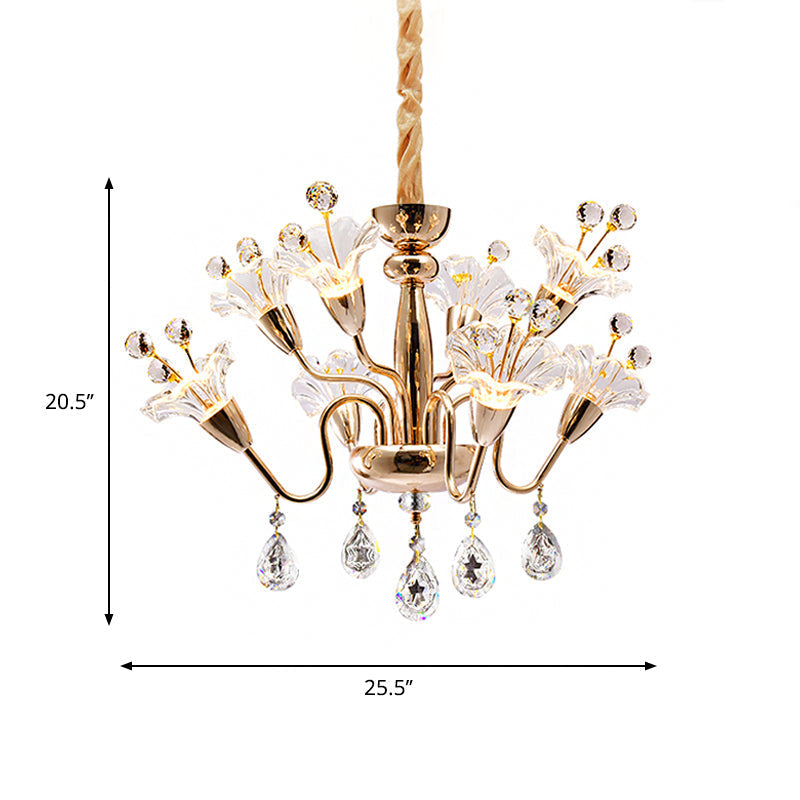 Modern Clear Crystal Blossom Ceiling Light - 8-Head Gold Chandelier With Curvy Arms