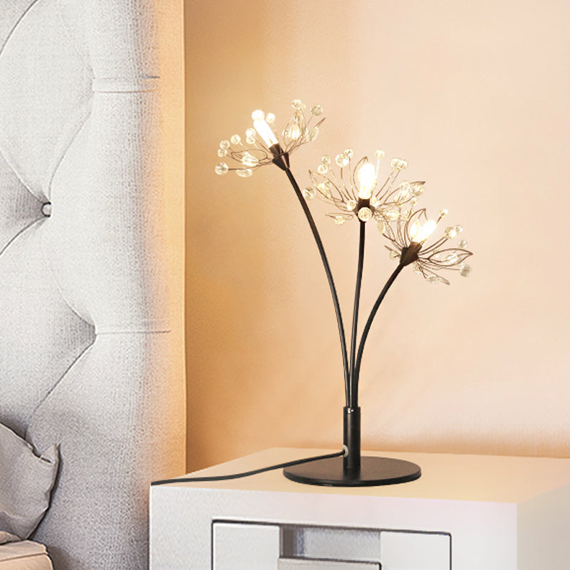 Victoire - Black Contemporary 3 Heads Desk Lamp with Hand-Cut Crystal Shade Black Blossom Nightstand Light