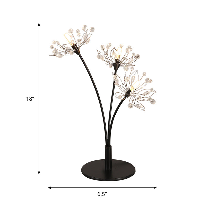 Modern Hand-Cut Crystal Desk Lamp Black Blossom Nightstand Light With 3 Heads