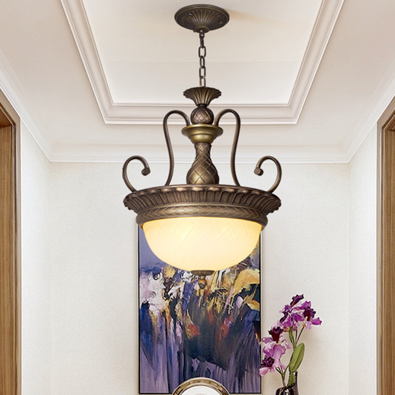Classic Style Brass Led Pendant Light With White Glass Bowl Vase Design