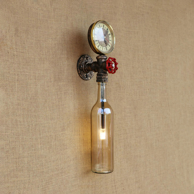 Vintage Brown/Blue Bottle Wall Sconce Lamp - Stylish Glass With Gauge And Valve Amber