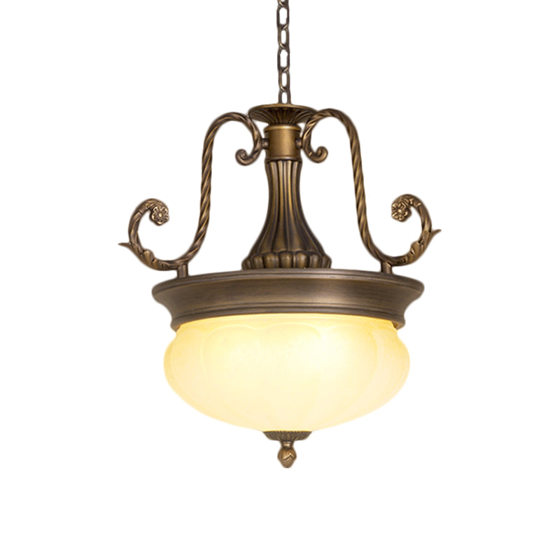 Antiqued Led Opal Glass Pendant Light With Brass Scroll Arm - Ideal For Corridor