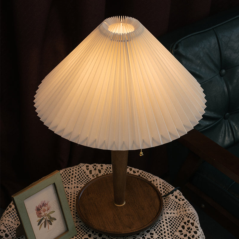 Vintage Fabric Fluted Cone Table Light With Wooden Base And Pull Chain - Ideal For Bedroom Reading