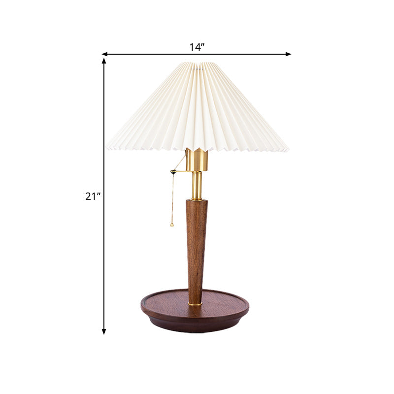 Vintage Fabric Fluted Cone Table Light With Wooden Base And Pull Chain - Ideal For Bedroom Reading