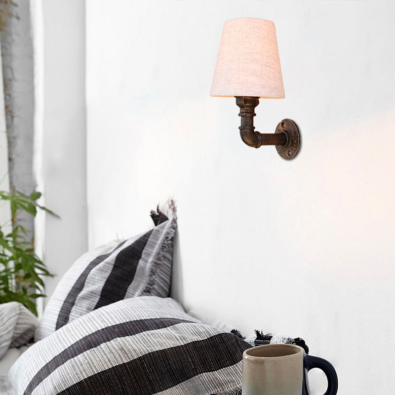 Industrial Fabric Cone Wall Sconce With Pipe Design - 1/2-Bulb Living Room Lighting In Bronze 1 /