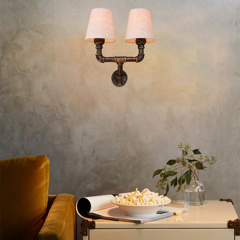 Industrial Fabric Cone Wall Sconce With Pipe Design - 1/2-Bulb Living Room Lighting In Bronze 2 /