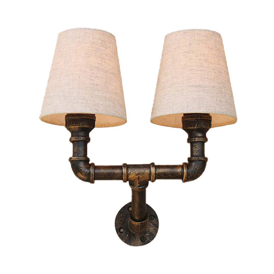 Industrial Fabric Cone Wall Sconce With Pipe Design - 1/2-Bulb Living Room Lighting In Bronze