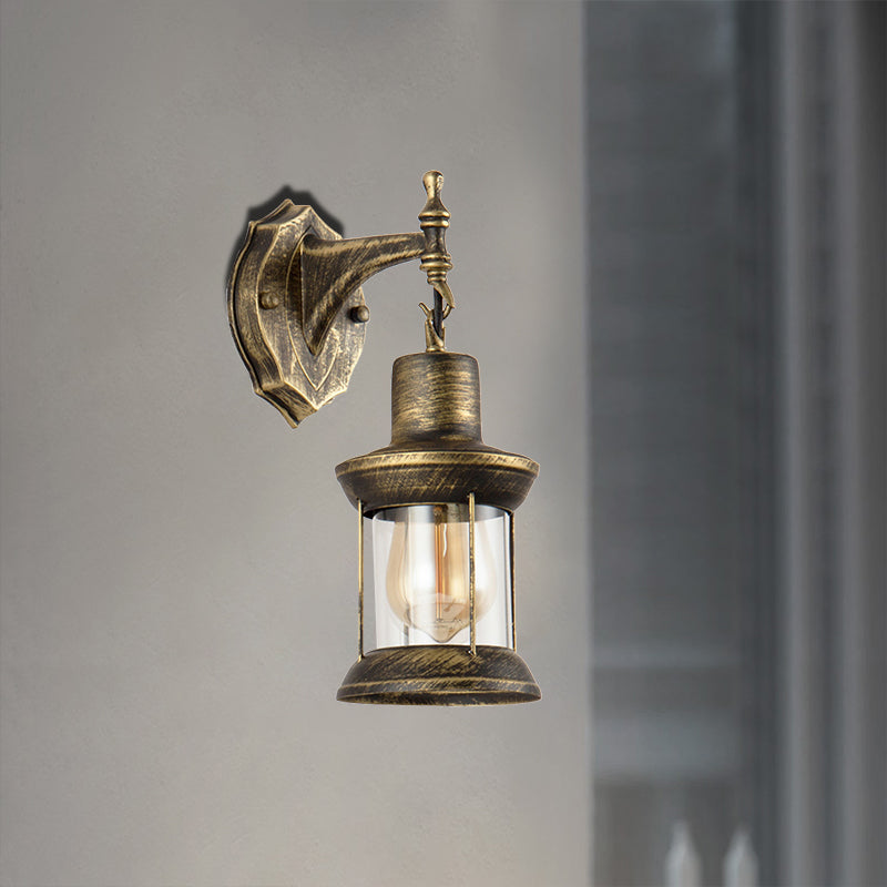 Aged Bronze Outdoor Sconce Lighting Fixture - Traditional Clear Glass Wall Light With Kerosene Shade