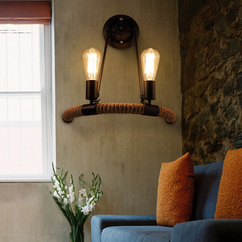 Vintage Style Roped Half-Ring Wall Light With 2 Bare Bulbs In Black For Living Room
