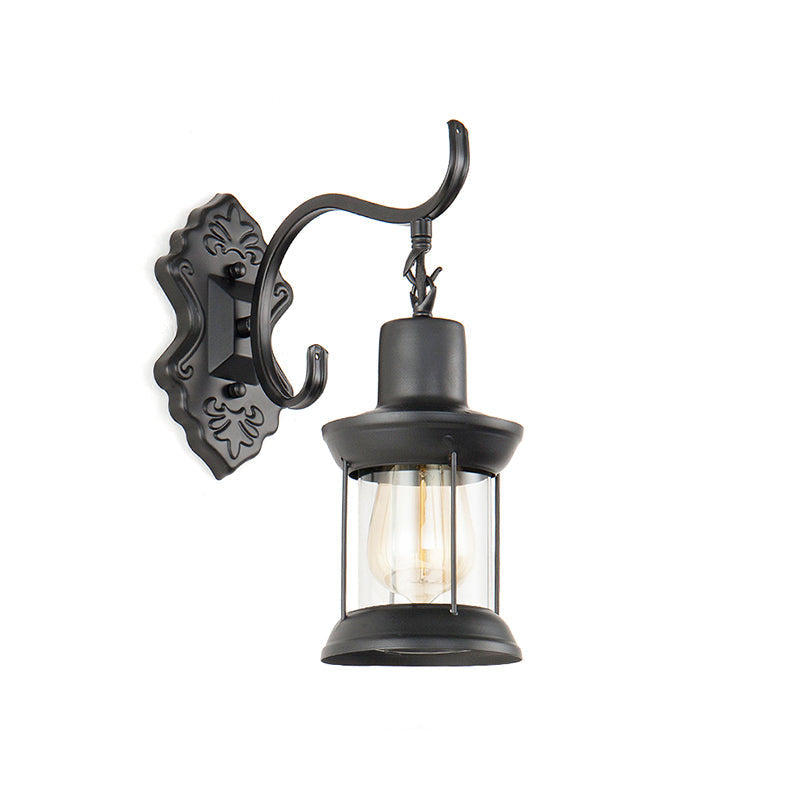 Vintage Glass Wall Mounted Lantern: Single Bulb Outdoor Sconce Light In Black With Carved Pattern