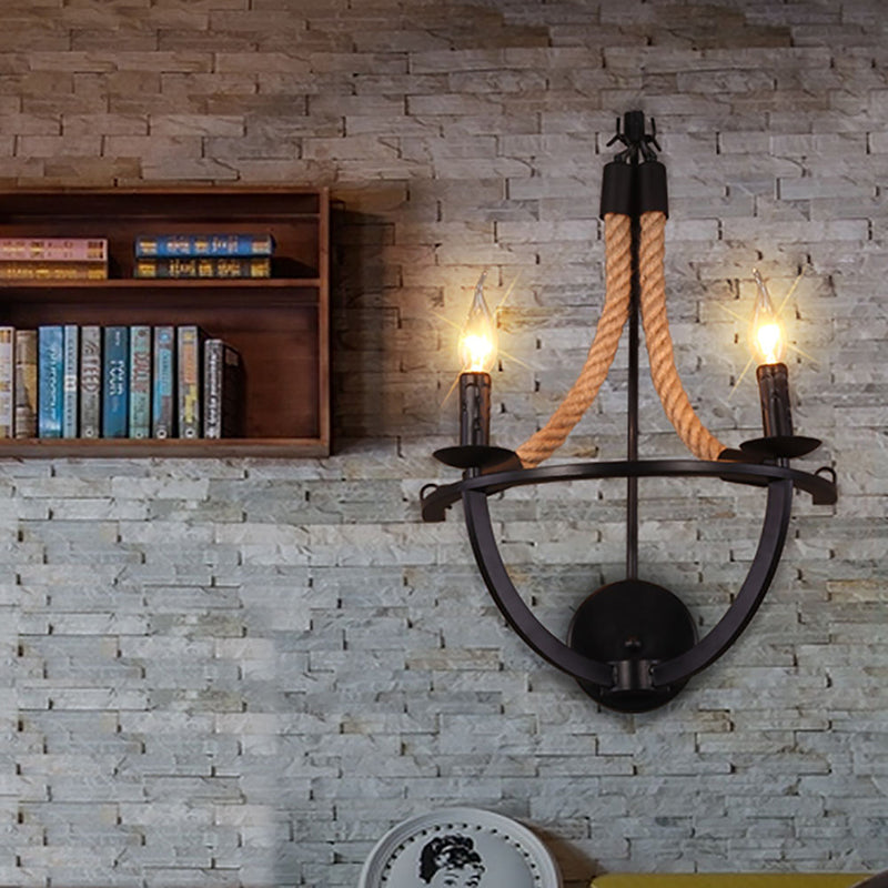 Industrial Manila Rope Wall Sconce With Open Bulbs - 2 Lights In Black For Living Room