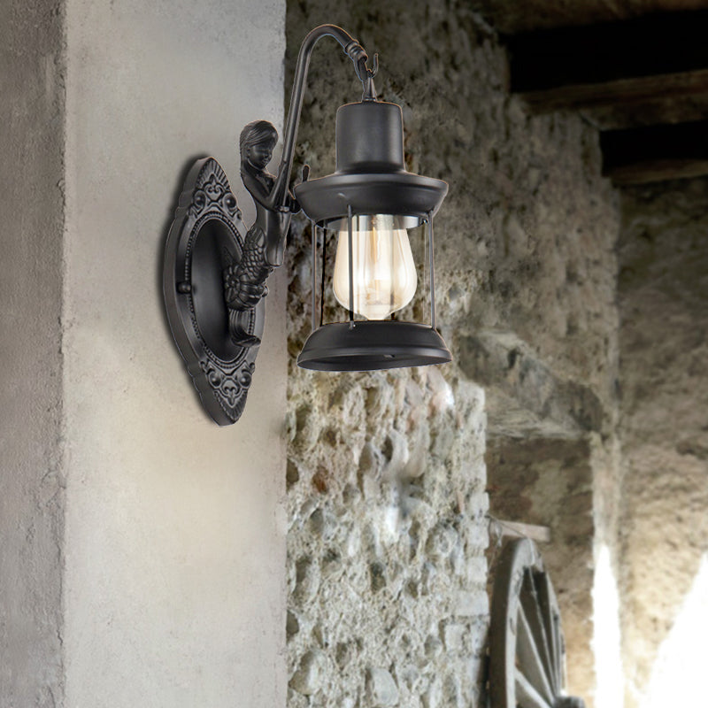 Clear Glass Wall Sconce Light With Mermaid Decoration - Industrial Black Lantern For Outdoor
