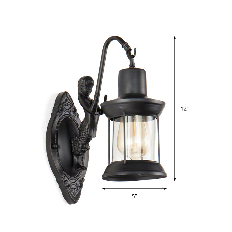 Clear Glass Wall Sconce Light With Mermaid Decoration - Industrial Black Lantern For Outdoor