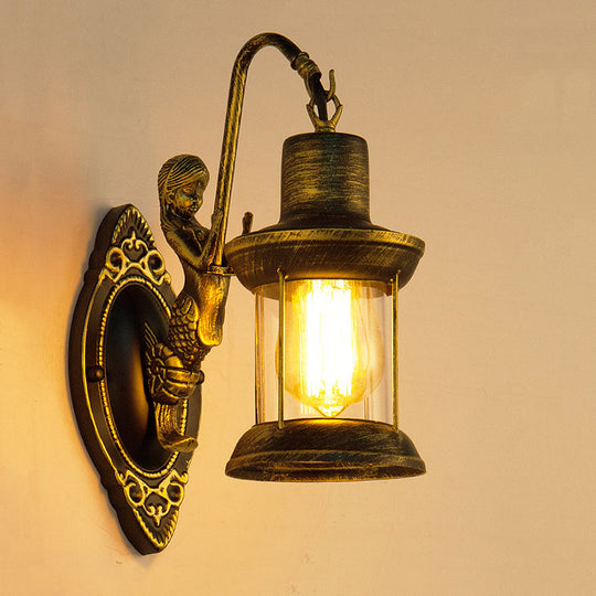 Clear Glass Bronze Sconce Light Lantern 1-Light Industrial Wall Lamp With Mermaid Decor