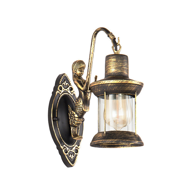 Clear Glass Bronze Sconce Light Lantern 1-Light Industrial Wall Lamp With Mermaid Decor