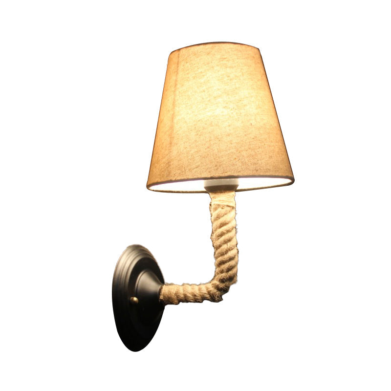 Lodge Style Beige Fabric Wall Sconce With Curved/Angle Arm For Restaurants - 1 Light