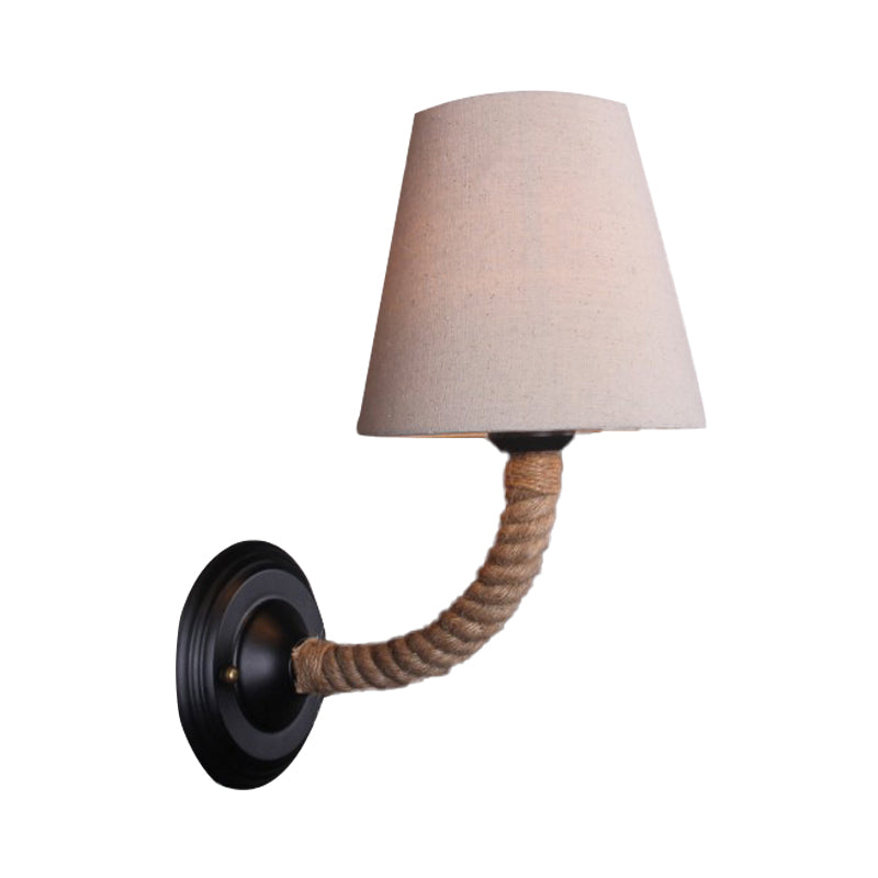 Lodge Style Beige Fabric Wall Sconce With Curved/Angle Arm For Restaurants - 1 Light