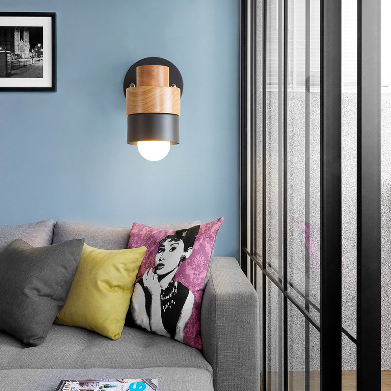 Modern 1-Light Rotatable Metal & Wood Wall Sconce In Black/White Black