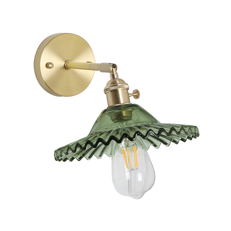 Green Glass Wall Sconce Light With Brass Frame And Scalloped Design - Industrial Style
