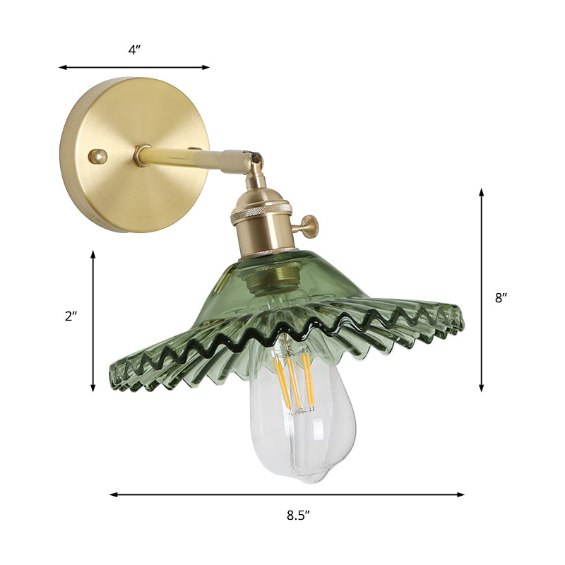 Green Glass Wall Sconce Light With Brass Frame And Scalloped Design - Industrial Style