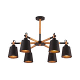 Nordic Metal Cone Chandelier Light With Wooden Arm - 6-Bulb Black/White Suspension Lamp