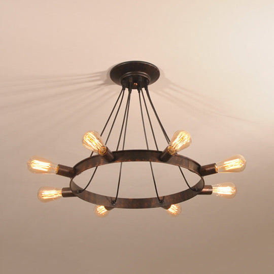 Industrial Metal Exposed Bulb Chandelier Lamp With Circle Design - Brown 8 Bulbs