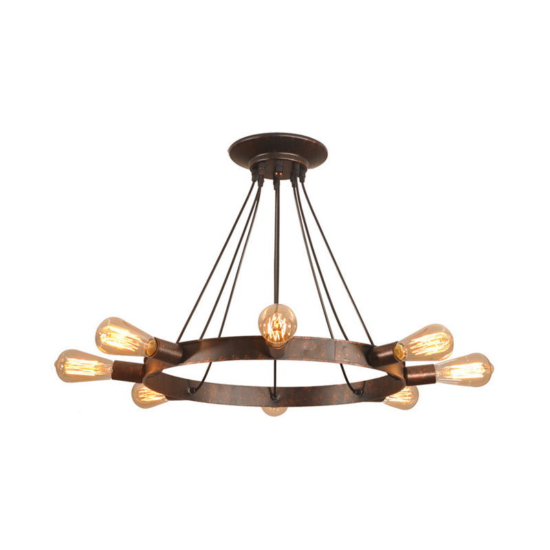 Industrial Metal Circle Design 8-Bulb Chandelier Pendant Light with Exposed Bulbs, Brown