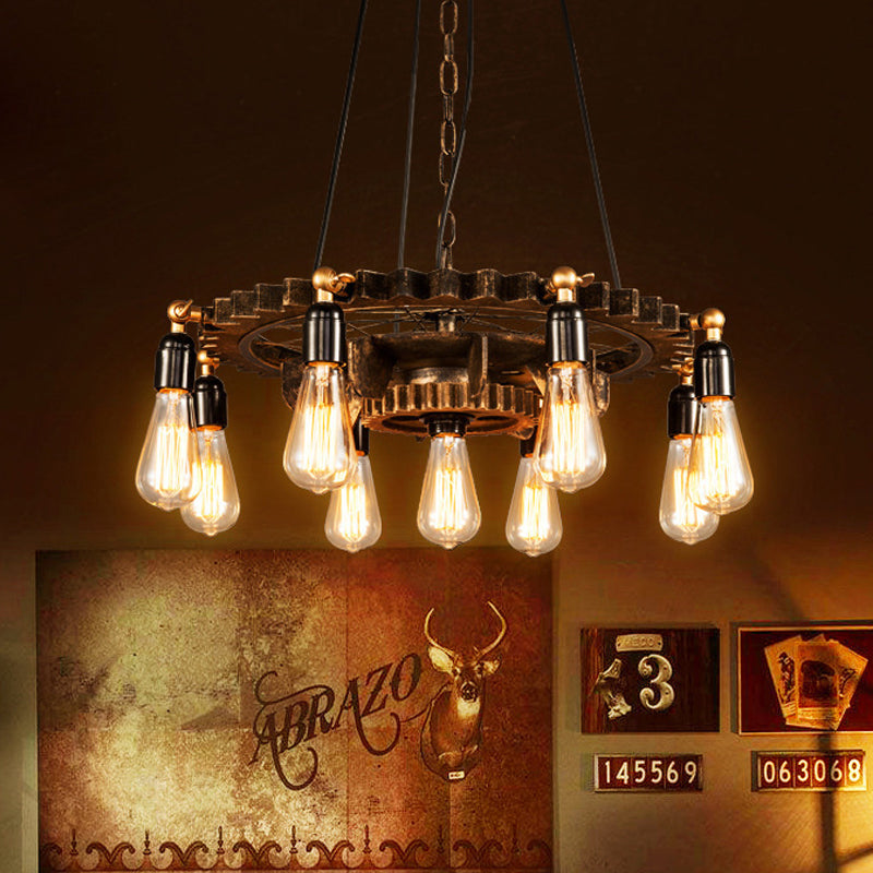 Industrial Iron Brass Chandelier with 9-Head Suspension Lighting – Exquisite Bare Bulb Design