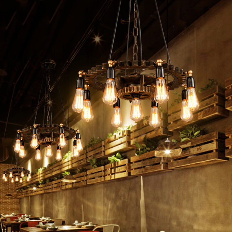 Iron Brass Chandelier - 9 Heads Industrial Suspension Light With Bare Bulb Design
