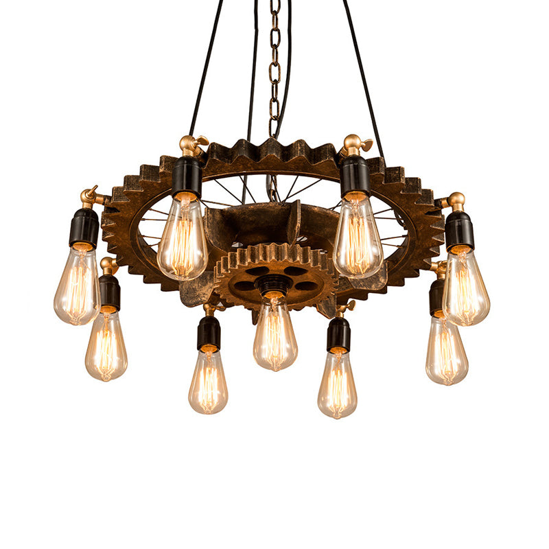 Iron Brass Chandelier - 9 Heads Industrial Suspension Light With Bare Bulb Design