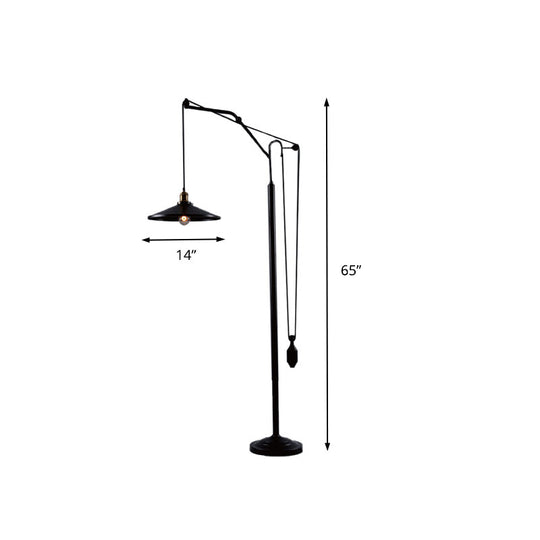 Industrial Flared Shade Metal Floor Lamp - Rotatable 1 Light Standing In Black For Living Room
