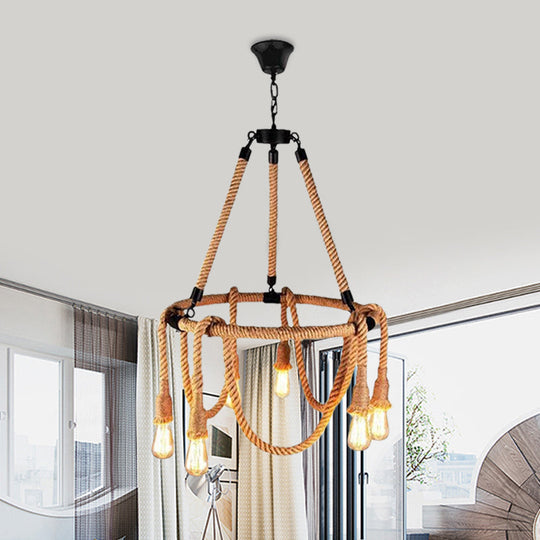 Hemp Rope Pendant Chandelier With 6 Bare Bulb Lights For Rustic Ceiling Decor
