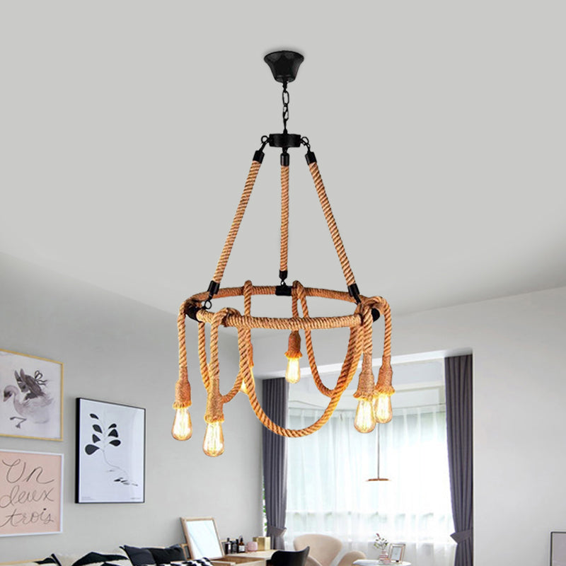 Hemp Rope Pendant Chandelier With 6 Bare Bulb Lights For Rustic Ceiling Decor Brown / B