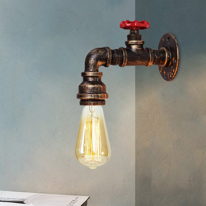Farmhouse Iron Conduit Wall Sconce Light: 1-Head Living Room Fixture In Bronze With Valve