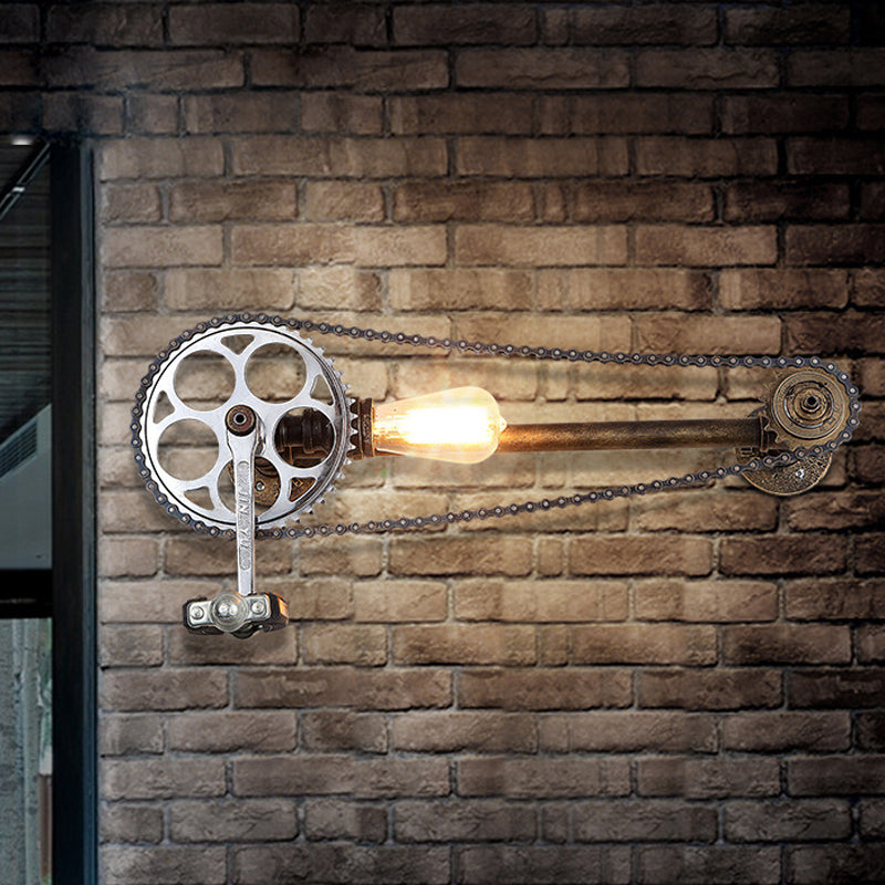 Industrial Metal Wall Sconce With Bronze Bicycle Chain Design Water Pipe And 1 Bulb Head - Perfect