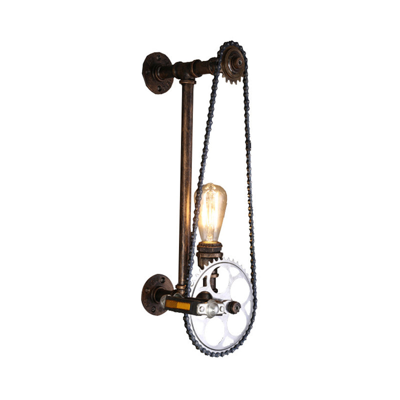 Iron Gear Bike Wall Lamp - 1 Light Restaurant Mounted In Bronze With Pipe Arm