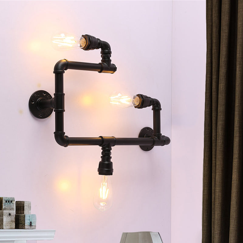 Industrial Twisted Pipe Wall Sconce - 3-Head Iron Mounted Light Fixture In Black Ideal For