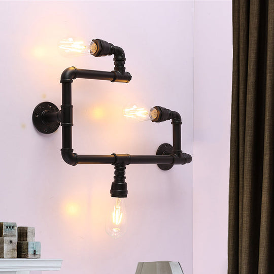 Industrial Twisted Pipe Wall Sconce - 3-Head Iron Mounted Light Fixture In Black Ideal For