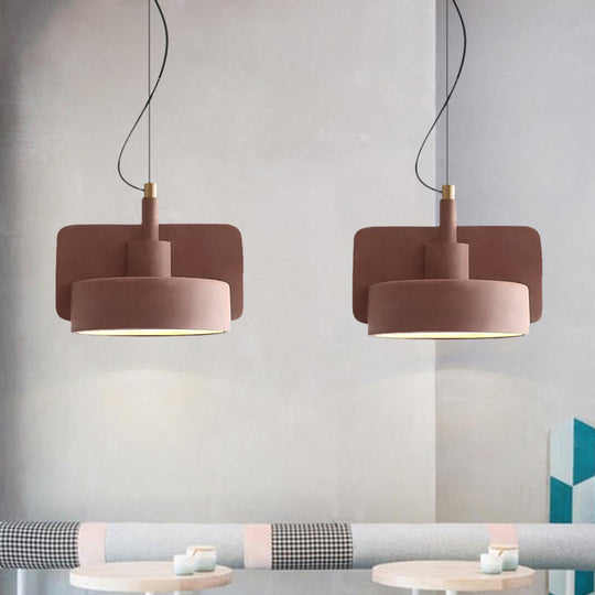 Minimalist Hanging Light: Cement Shallow Bowl Fixture for 1 Bulb, Perfect for Dining Table in Red/Grey/Yellow