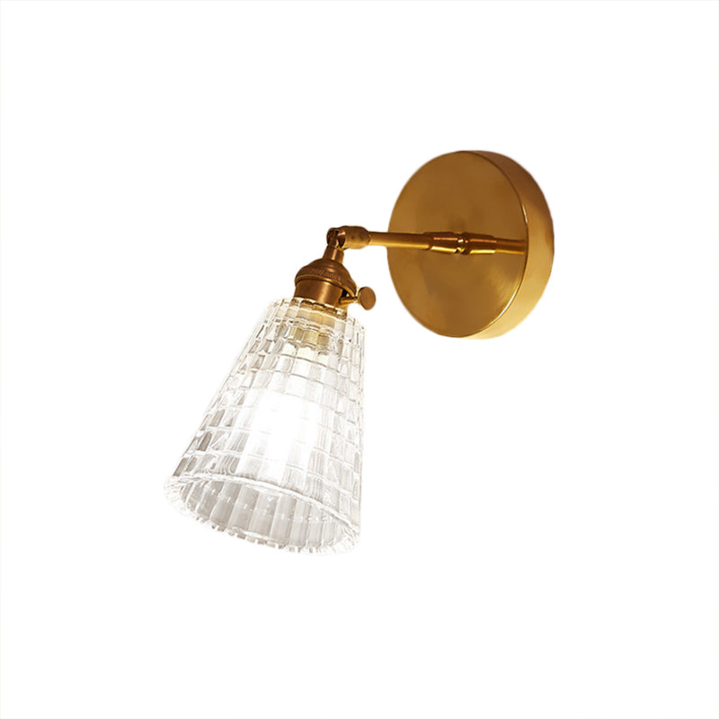 Tapered Industrial Wall Sconce - Clear Prismatic Glass Brass 1 Light Fixture For Living Room