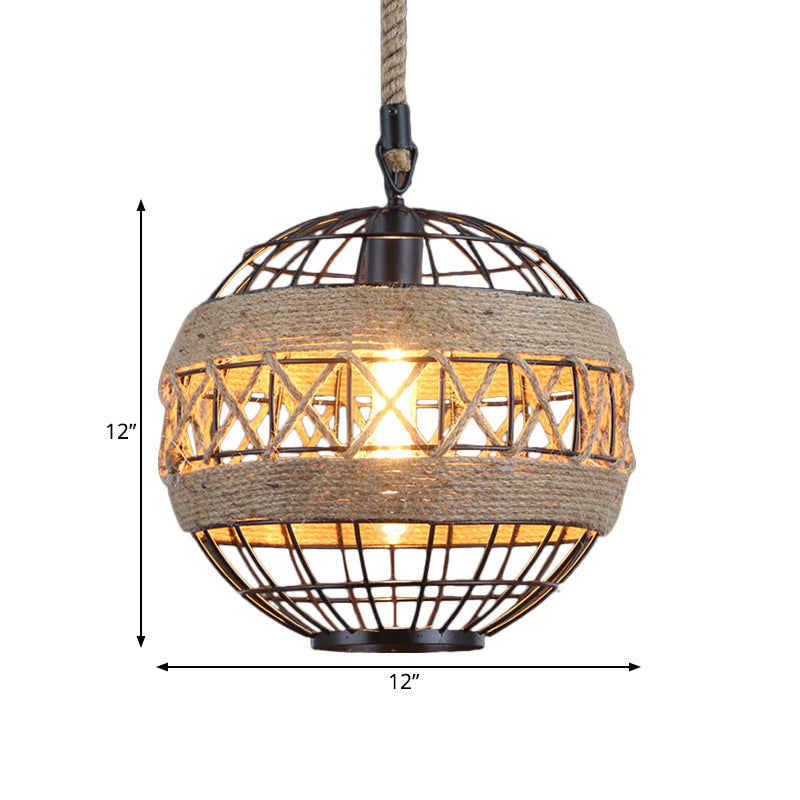 Spherical Rustic Natural Rope Bistro Ceiling Lamp - 1 Head 12/16 Wide Black Hanging Pendant Light