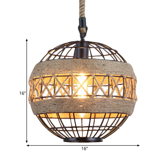 Spherical Rustic Natural Rope Bistro Ceiling Lamp - 1 Head 12/16 Wide Black Hanging Pendant Light