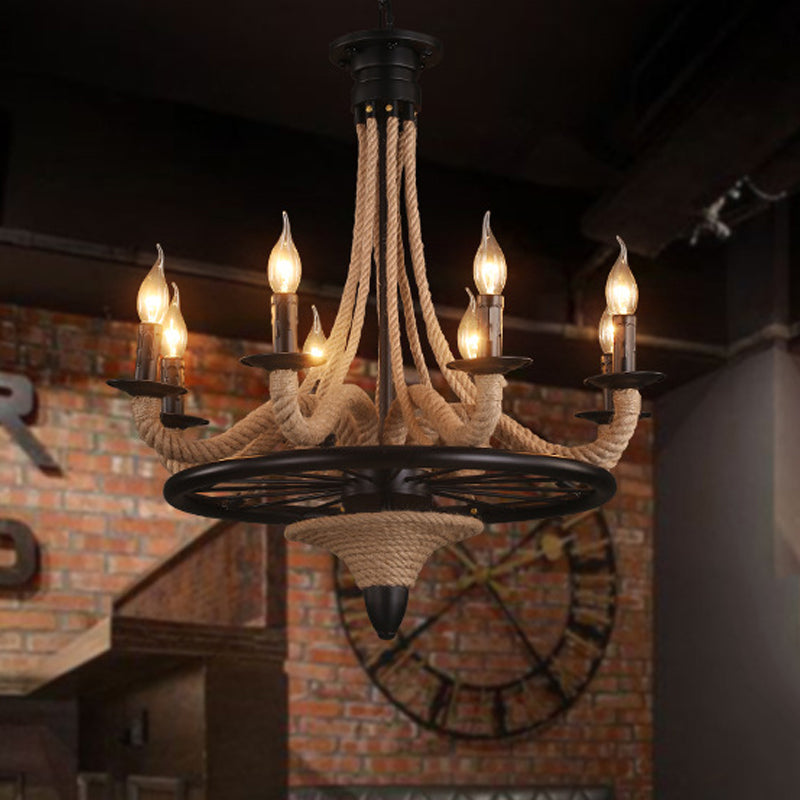 8-Bulb Black Pendant Chandelier With Rope And Wheel Design Ideal For Farmhouse Restaurant Decor