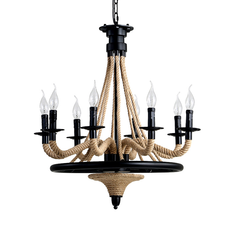 Farmhouse 8-Bulb Rope Candle Chandelier Pendant Light in Black with Wheel Design - Perfect for Restaurants