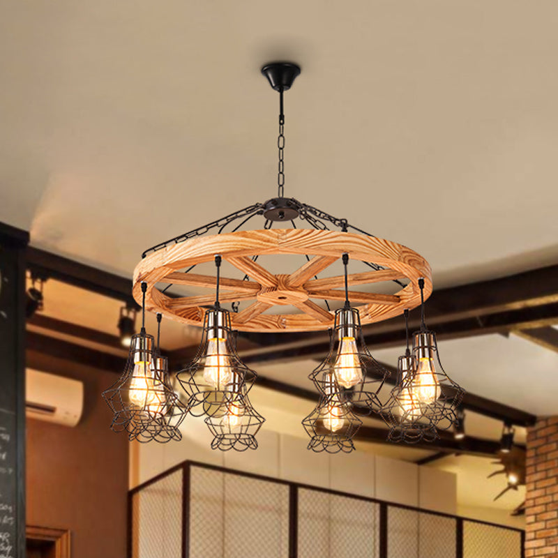 Wood Suspension Wagon Wheel Chandelier For Dining Hall - 6/8-Light Ceiling Fixture With Wire Cage 8