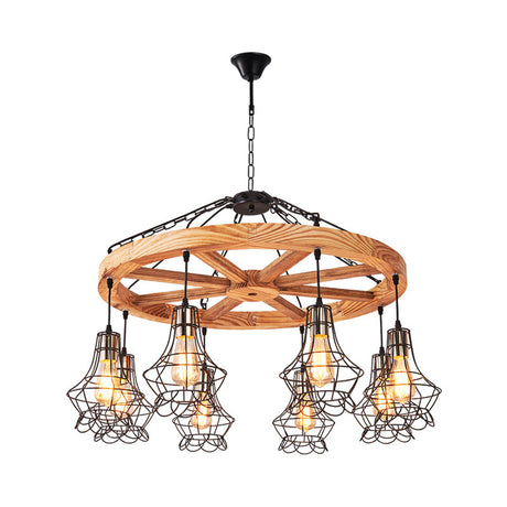 Wood Suspension Wagon Wheel Chandelier For Dining Hall - 6/8-Light Ceiling Fixture With Wire Cage
