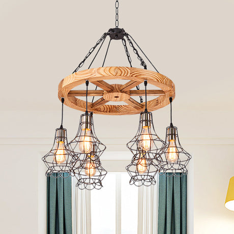 Wood Suspension Wagon Wheel Chandelier For Dining Hall - 6/8-Light Ceiling Fixture With Wire Cage